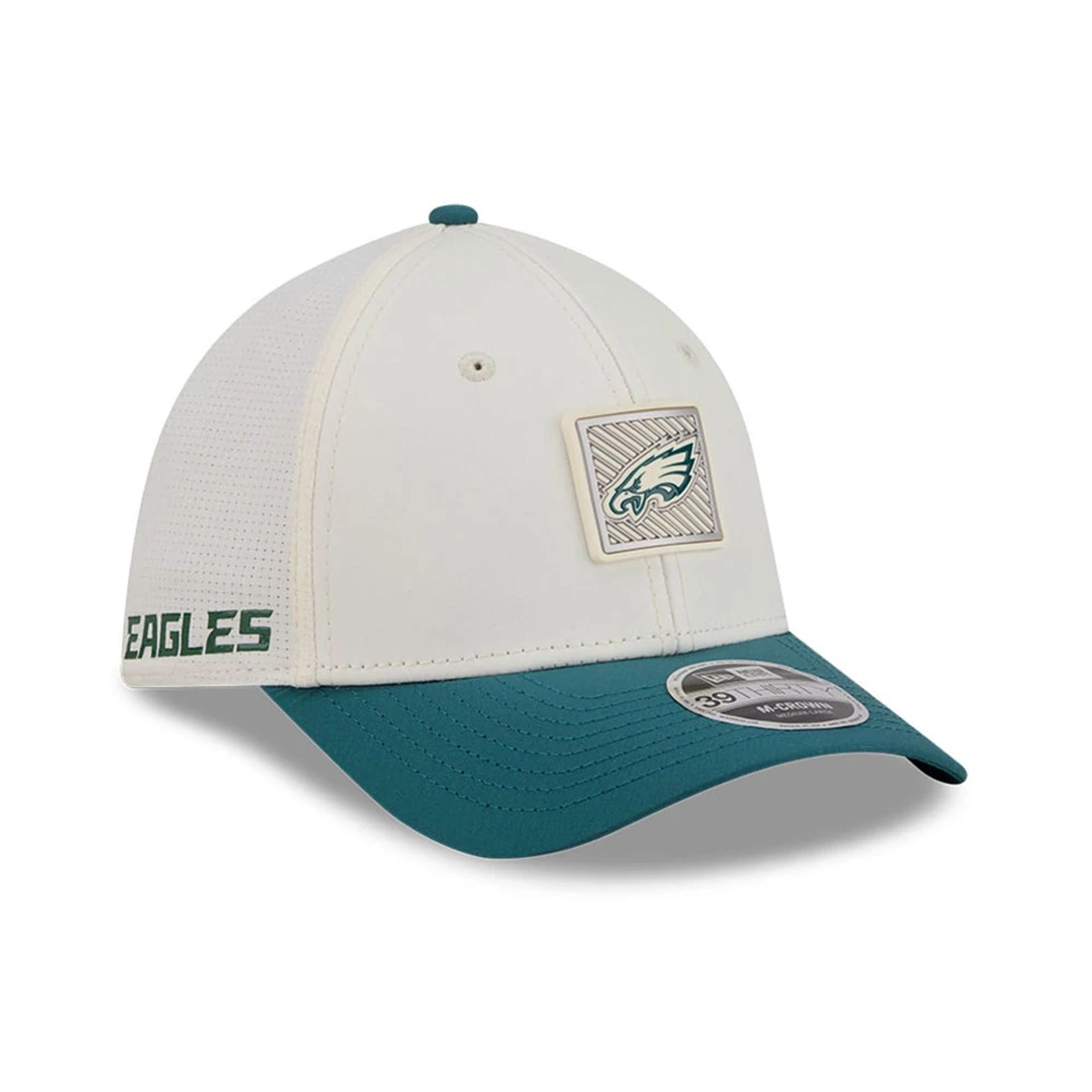 Pictured is this NFL Training 2026 Philadelphia Eagles 39THIRTY M-Crown Stretch Fit cap in white. 1