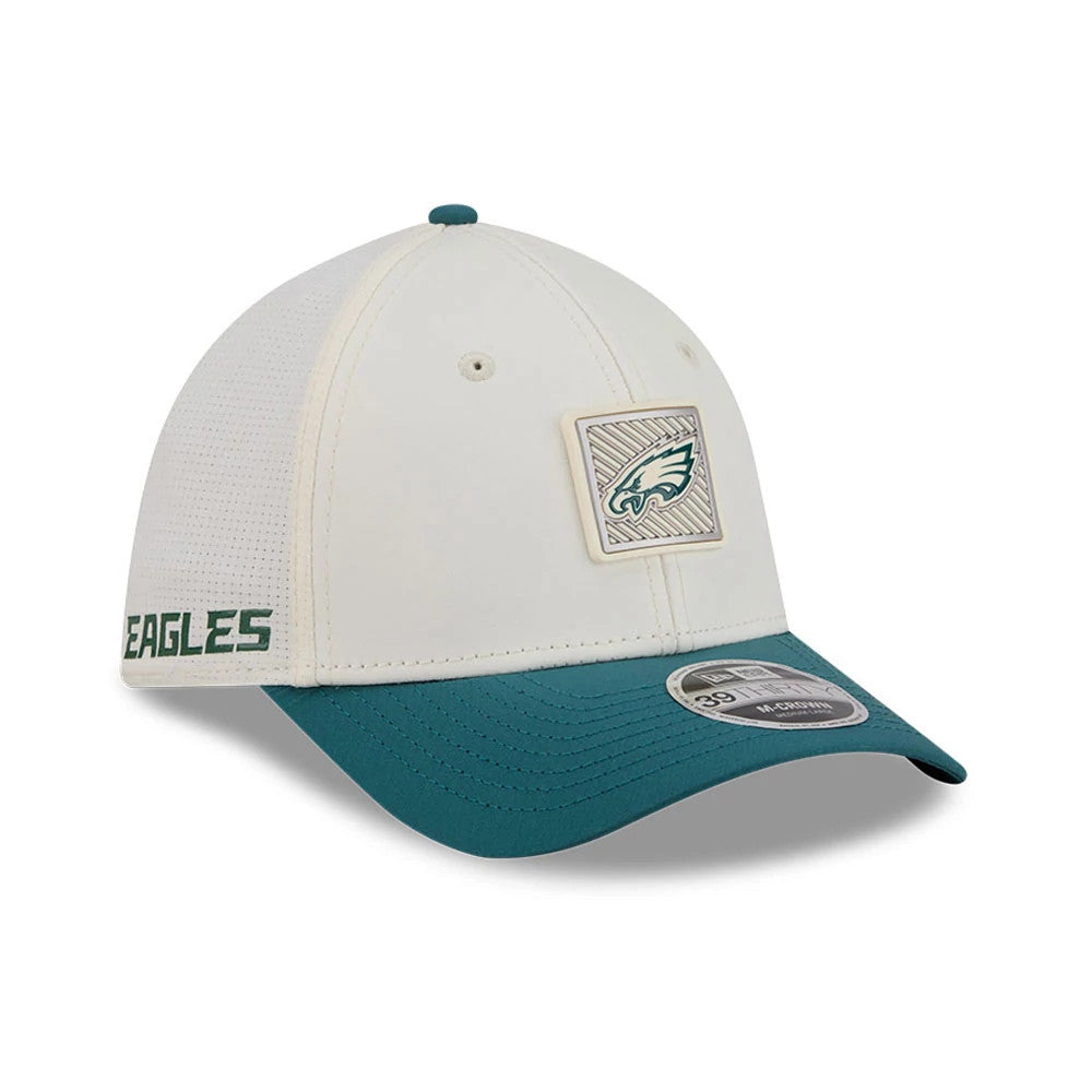 Pictured is this NFL Training 2026 Philadelphia Eagles 39THIRTY M-Crown Stretch Fit cap in white. 1