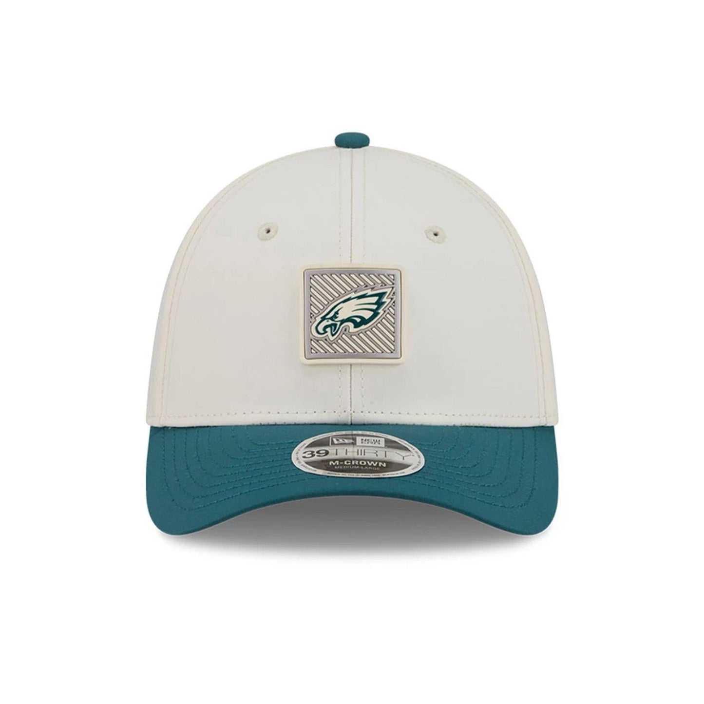 Pictured is this NFL Training 2026 Philadelphia Eagles 39THIRTY M-Crown Stretch Fit cap in white. 2