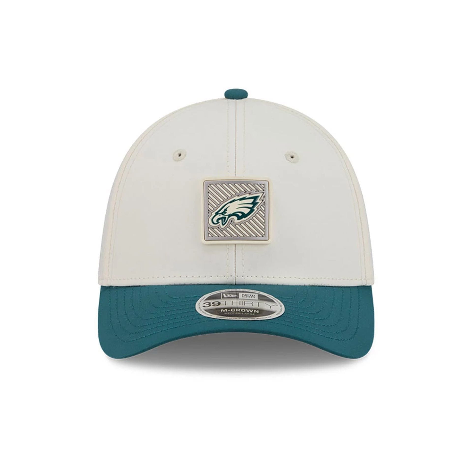 Pictured is this NFL Training 2026 Philadelphia Eagles 39THIRTY M-Crown Stretch Fit cap in white. 2