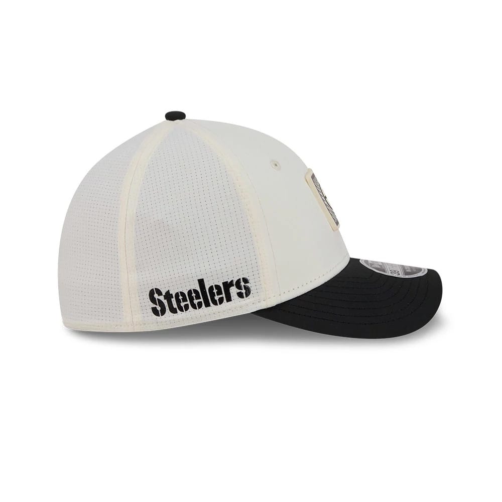 Pictured is this NFL Training 2026 Pittsburgh Steelers 39THIRTY M-Crown Stretch Fit cap in white. 4