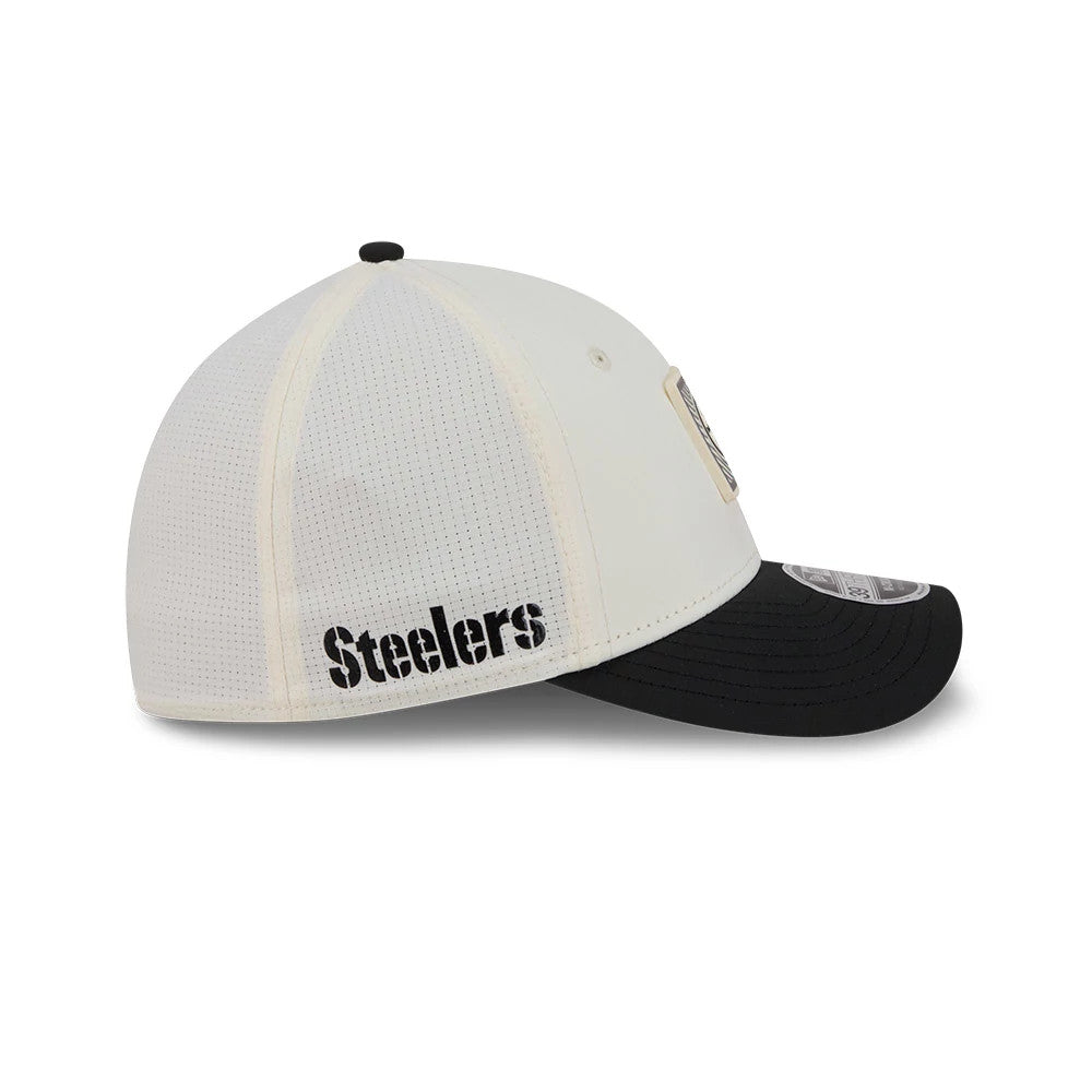 Pictured is this NFL Training 2026 Pittsburgh Steelers 39THIRTY M-Crown Stretch Fit cap in white. 4
