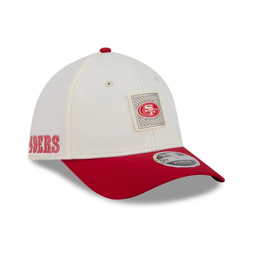 Pictured is this NFL Training 2026 San Francisco 49ers 39THIRTY M-Crown Stretch Fit cap in white. 1