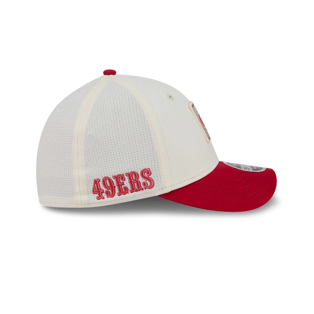 Pictured is this NFL Training 2026 San Francisco 49ers 39THIRTY M-Crown Stretch Fit cap in white. 4