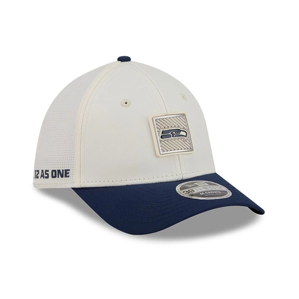 Pictured is this NFL Training 2026 Seattle Seahawks 39THIRTY M-Crown Stretch Fit cap in white. 1