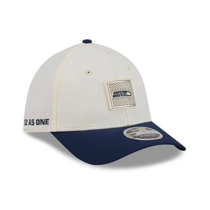 Pictured is this NFL Training 2026 Seattle Seahawks 39THIRTY M-Crown Stretch Fit cap in white. 1