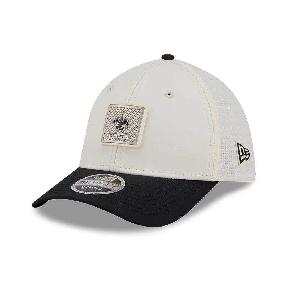 Pictured is this NFL Training 2026 New Orleans Saints 39THIRTY M-Crown Stretch Fit cap in white. 3