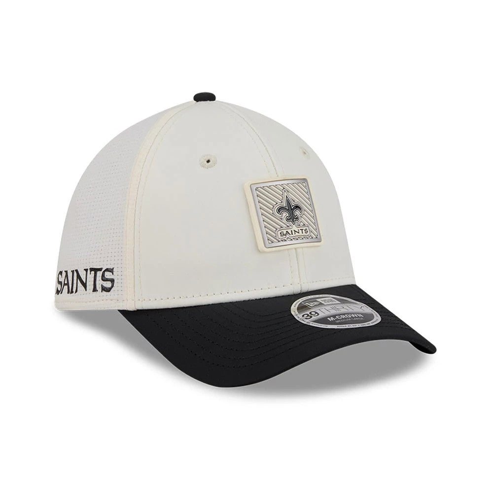 Pictured is this NFL Training 2026 New Orleans Saints 39THIRTY M-Crown Stretch Fit cap in white. 1