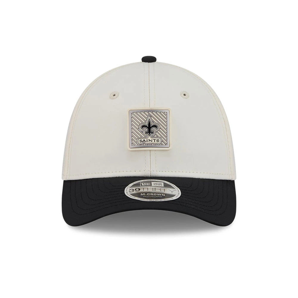 Pictured is this NFL Training 2026 New Orleans Saints 39THIRTY M-Crown Stretch Fit cap in white. 2