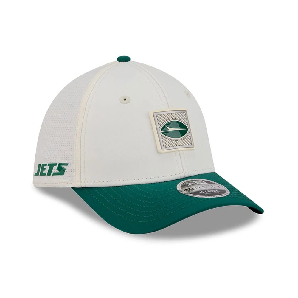 Pictured is this NFL Training 2026 New York Jets 39THIRTY M-Crown Stretch Fit cap in white. 1
