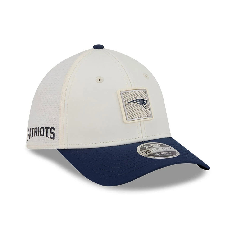 Pictured is this NFL Training 2026 New England Patriots 39THIRTY M-Crown Stretch Fit cap in white. 1