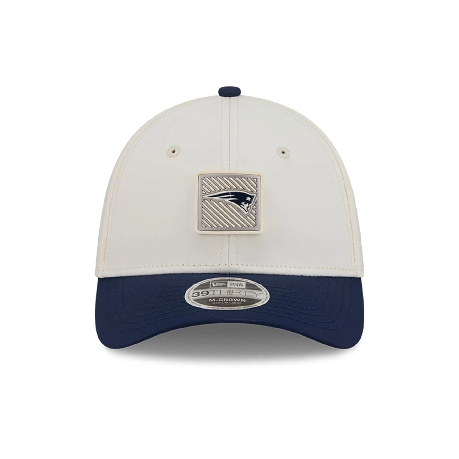 Pictured is this NFL Training 2026 New England Patriots 39THIRTY M-Crown Stretch Fit cap in white. 2