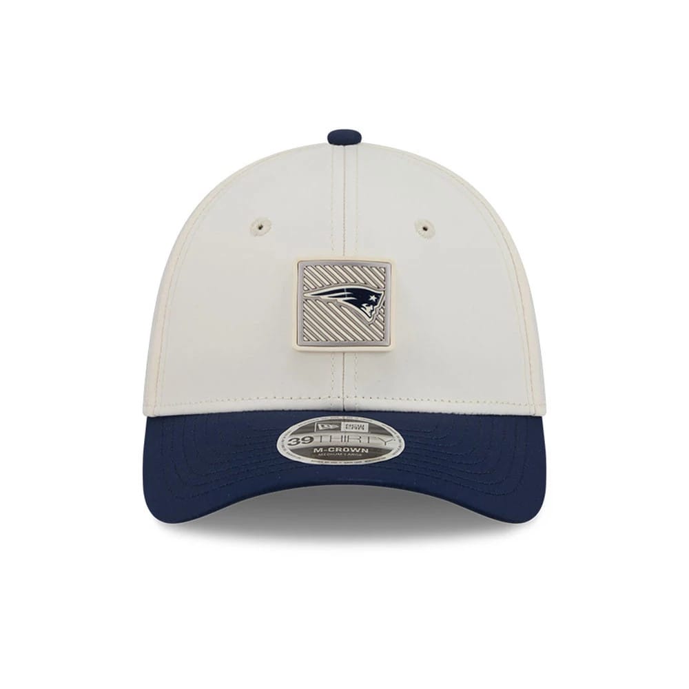 Pictured is this NFL Training 2026 New England Patriots 39THIRTY M-Crown Stretch Fit cap in white. 2