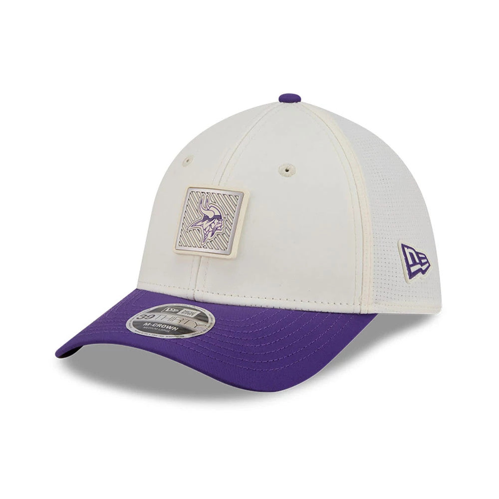 Pictured is this NFL Training 2026 Minnesota Vikings 39THIRTY M-Crown Stretch Fit cap in white. 3