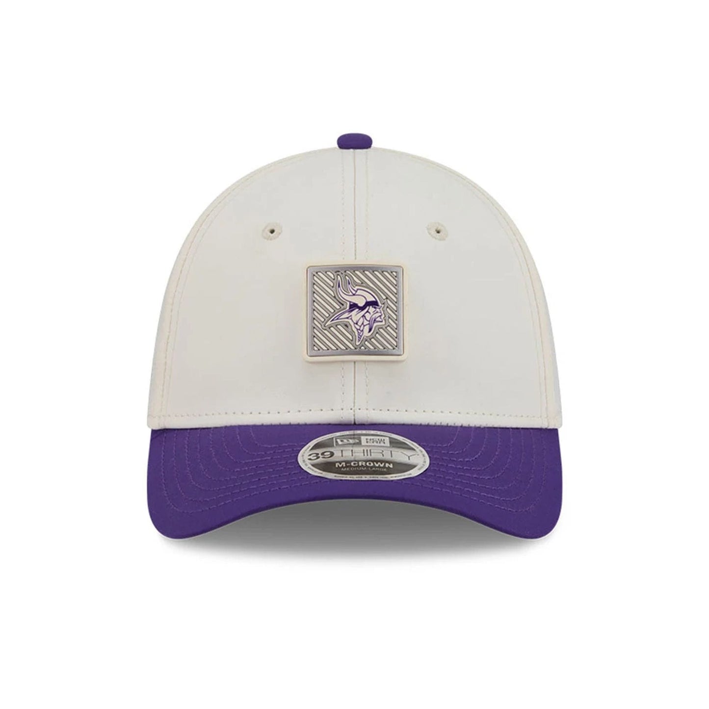 Pictured is this NFL Training 2026 Minnesota Vikings 39THIRTY M-Crown Stretch Fit cap in white. 2
