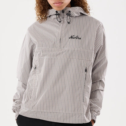 Womens New Era Check Beige Oversized Windbreaker Jacket, front view on-model showcasing a beige checked pattern with an embroidered New Era logo on the chest, a half-zip design with drawcords at the hood, and zipped pockets on each side.