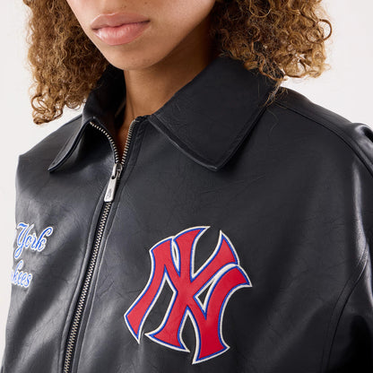 The model is wearing this Womens MLB New York Yankees Collared Jacket in black. 5