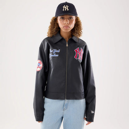 The model is wearing this Womens MLB New York Yankees Collared Jacket in black. 1