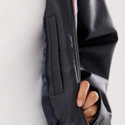 The model is wearing this Womens MLB New York Yankees Collared Jacket in navy. 4