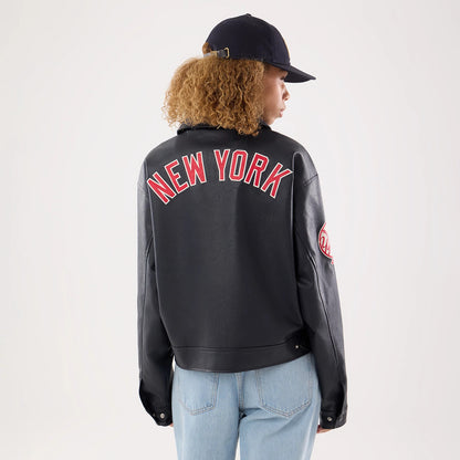 The model is wearing this Womens MLB New York Yankees Collared Jacket in navy. 2