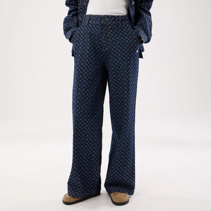 The model is wearing this Womens MLB Denim New York Yankees Wide Leg Trousers in navy. 1