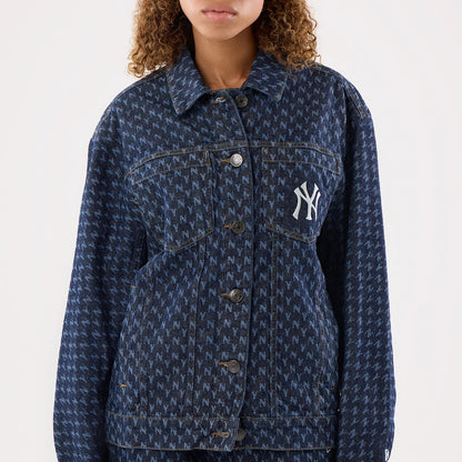 New Era New York Yankees Womens MLB Denim Navy Jacket, front view showing an all-over pattern of white N logos contrasted against the denim navy fabric, with a prominent embroidered NY logo on the left chest and a button-down closure.