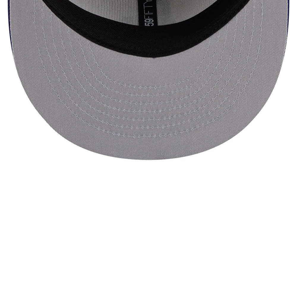 LA Dodgers MLB Heritage Light Beige New Era 59FIFTY Fitted Cap, inside view showing the black sweatband, grey undervisor and grey taping with printed 59FIFTY logo running across the entire interior.