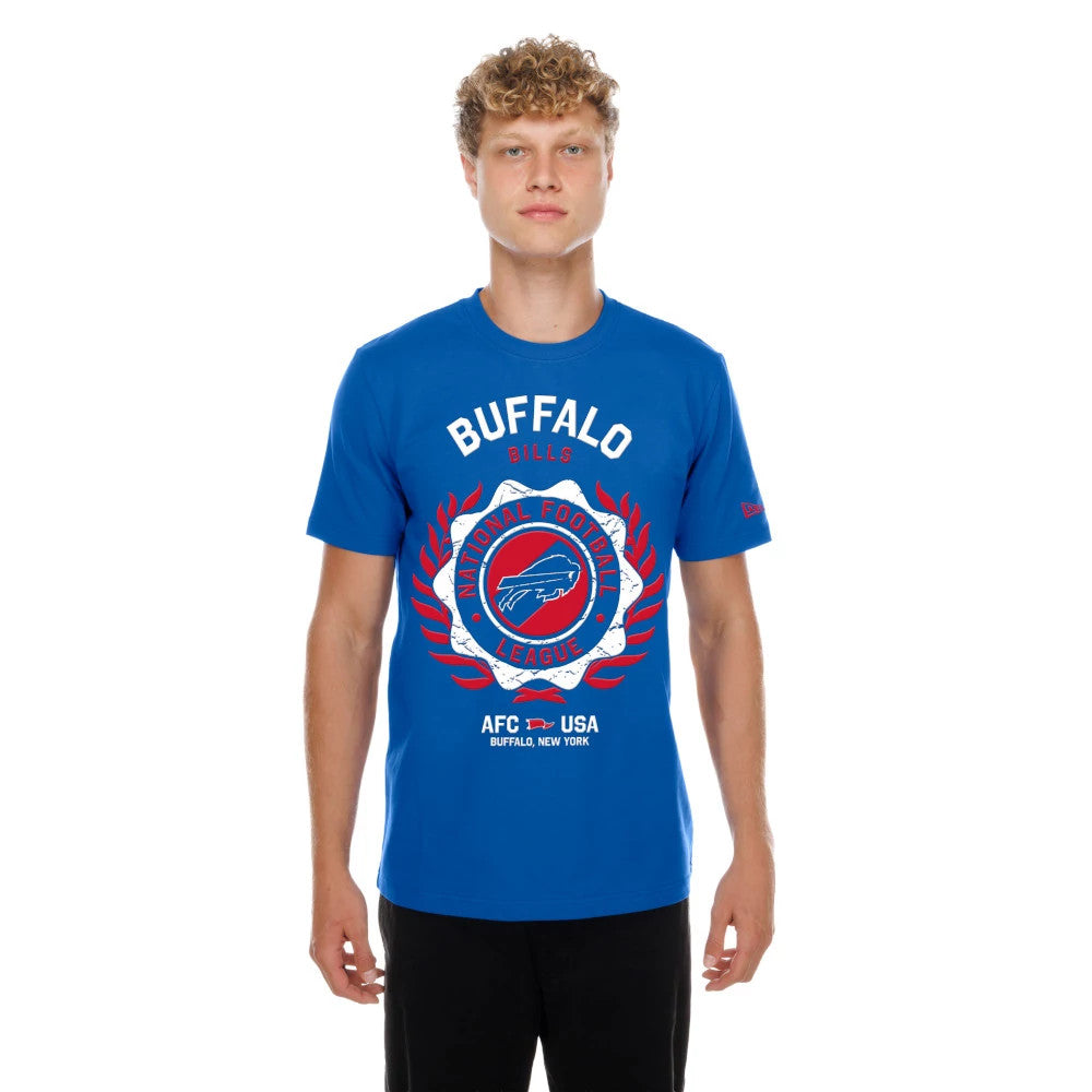 New Era Buffalo Bills NFL Blue T-Shirt, front view on a model showing a large graphic with the Buffalo Bills logo encircled by red and white laurels, BUFFALO BILLS lettering above, and AFC USA text with a small red logo on the left sleeve.