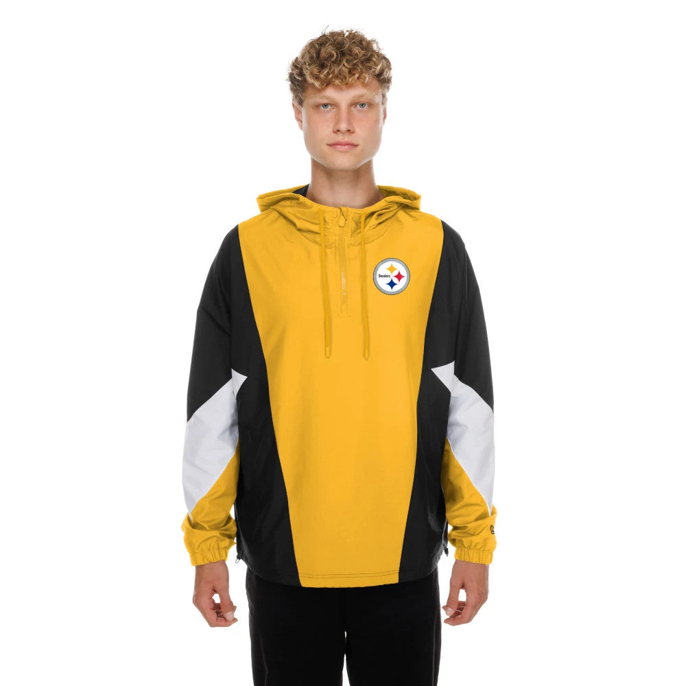 The model is wearing this NFL Pittsburgh Steelers Windbreaker Jacket in yellow. 1