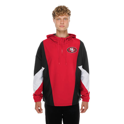 The model is wearing this NFL San Francisco 49ers Windbreaker Jacket in red. 1