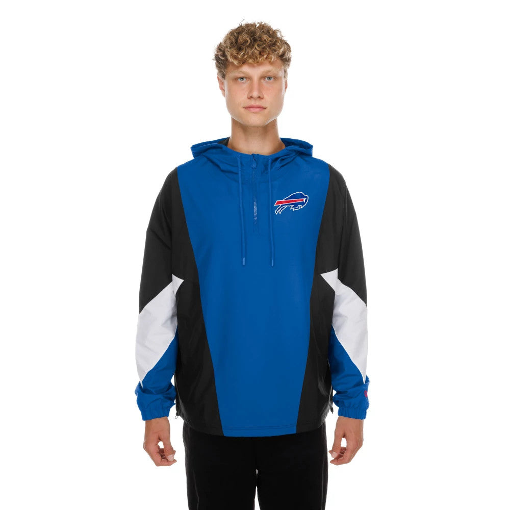 The model is wearing this NFL Buffalo Bills Windbreaker Jacket in blue. 1