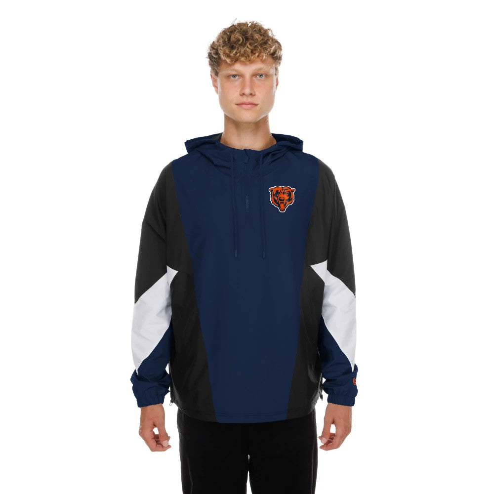 The model is wearing this NFL Chicago Bears Windbreaker Jacket in navy. 1