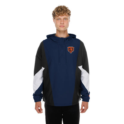 The model is wearing this NFL Chicago Bears Windbreaker Jacket in navy. 1