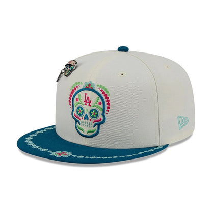 Pictured is this MLB Day Of The Dead LA Dodgers 59FIFTY Fitted cap in light beige & blue. 4