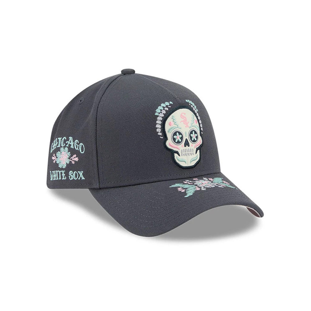 Pictured is this MLB Day Of The Dead Chicago White Sox 9FORTY A-Frame cap in grey. 1