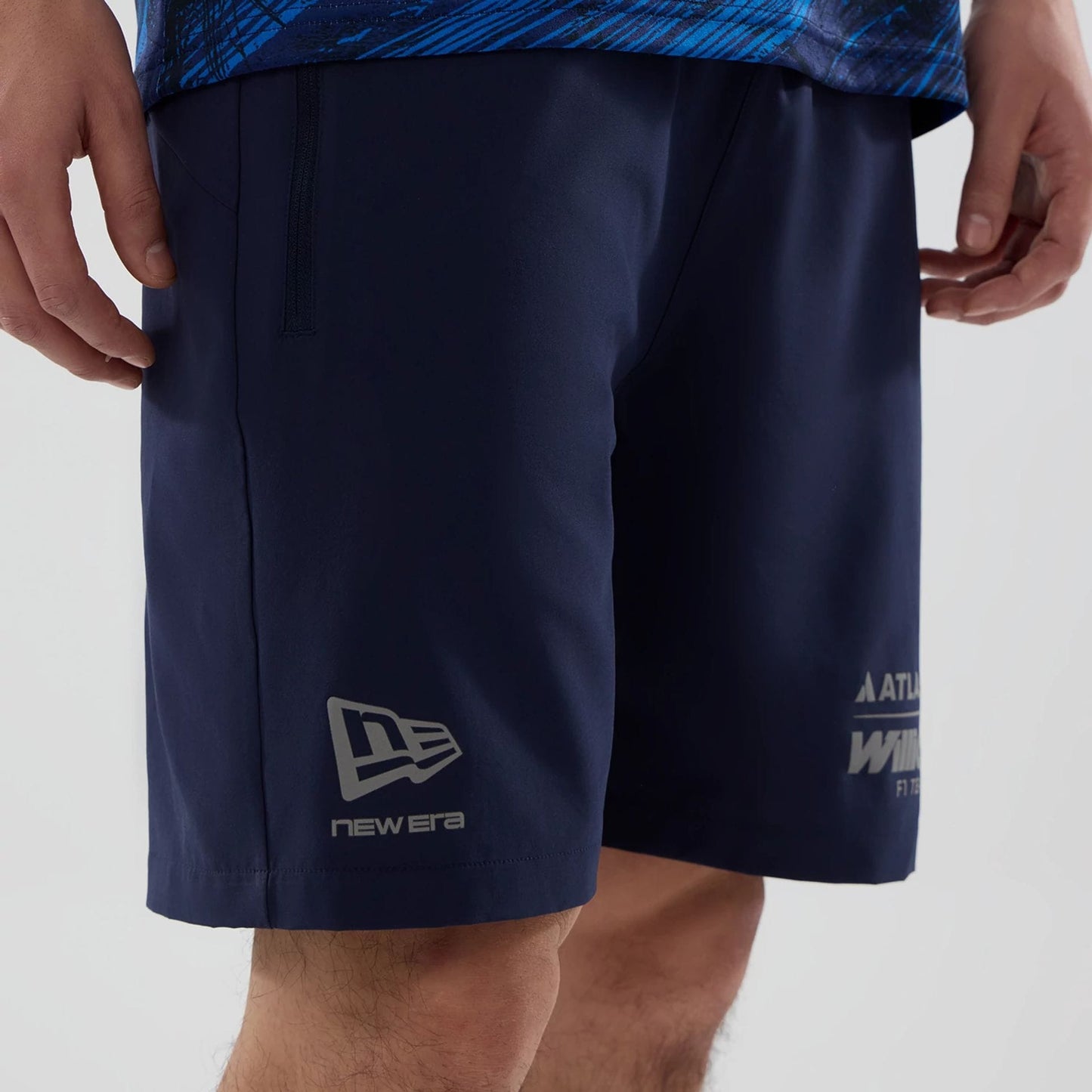 The model is wearing these Atlassian Williams F1 Team Training Shorts in navy. 5