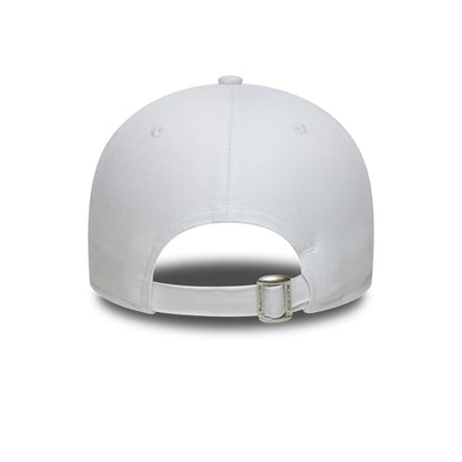 Lacoste X New Era White 9FORTY Adjustable Cap, rear view showing a curved white visor, structured white crown with matching top button, and an adjustable strap with a buckle embossed with Lacoste branding for custom fit.