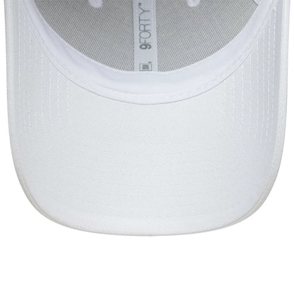 Lacoste X New Era White 9FORTY Adjustable Cap, inside view showing the white undervisor, grey interior mesh lining, and grey 9FORTY taping, with embroidered eyelets on the white structured crown.
