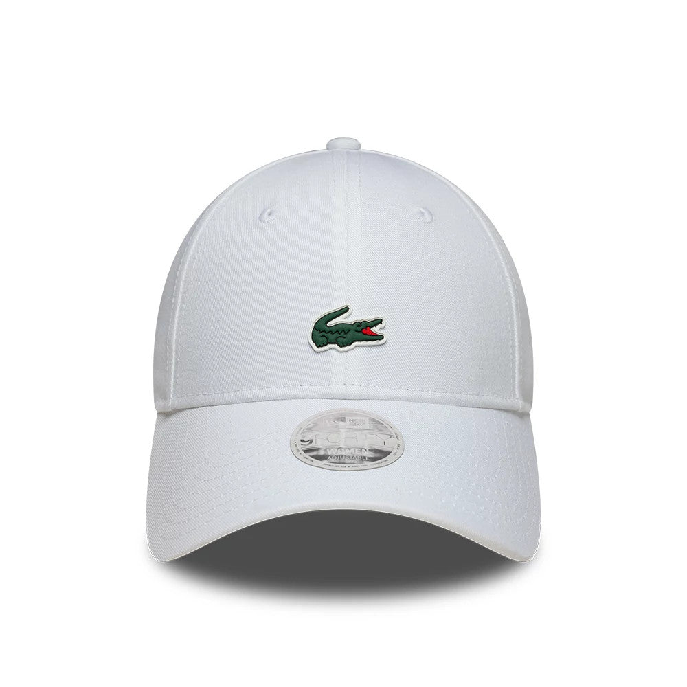 Womens Lacoste X New Era White 9FORTY Adjustable Cap, front view showing the embroidered green and red Lacoste crocodile logo on the white front panel, a curved visor, and a 9FORTY size sticker on the centre of the visor.