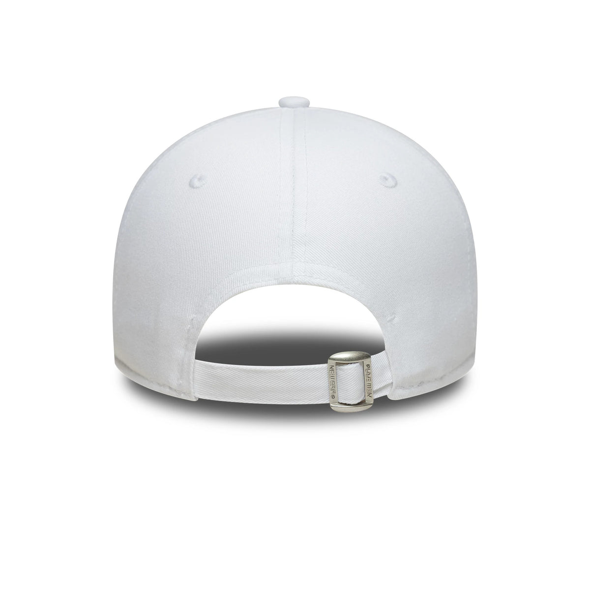 Womens Lacoste X New Era White 9FORTY Adjustable Cap, rear view showing the structured white crown with matching fabric back strap, detailed with a buckle for size adjustment and an embroidered hole for added design.