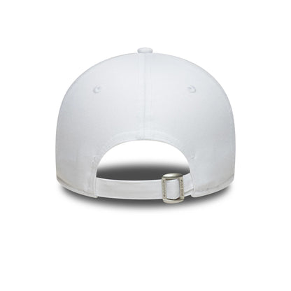 Womens Lacoste X New Era White 9FORTY Adjustable Cap, rear view showing the structured white crown with matching fabric back strap, detailed with a buckle for size adjustment and an embroidered hole for added design.
