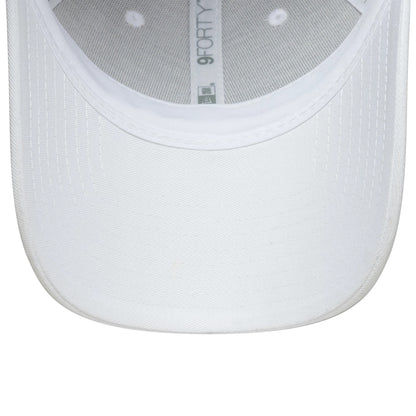 Womens Lacoste X New Era White 9FORTY Adjustable Cap, inside view showing the white undervisor with stitching, the inner taping with a grey 9FORTY logo, and the mesh panel construction, highlighting its structured form.