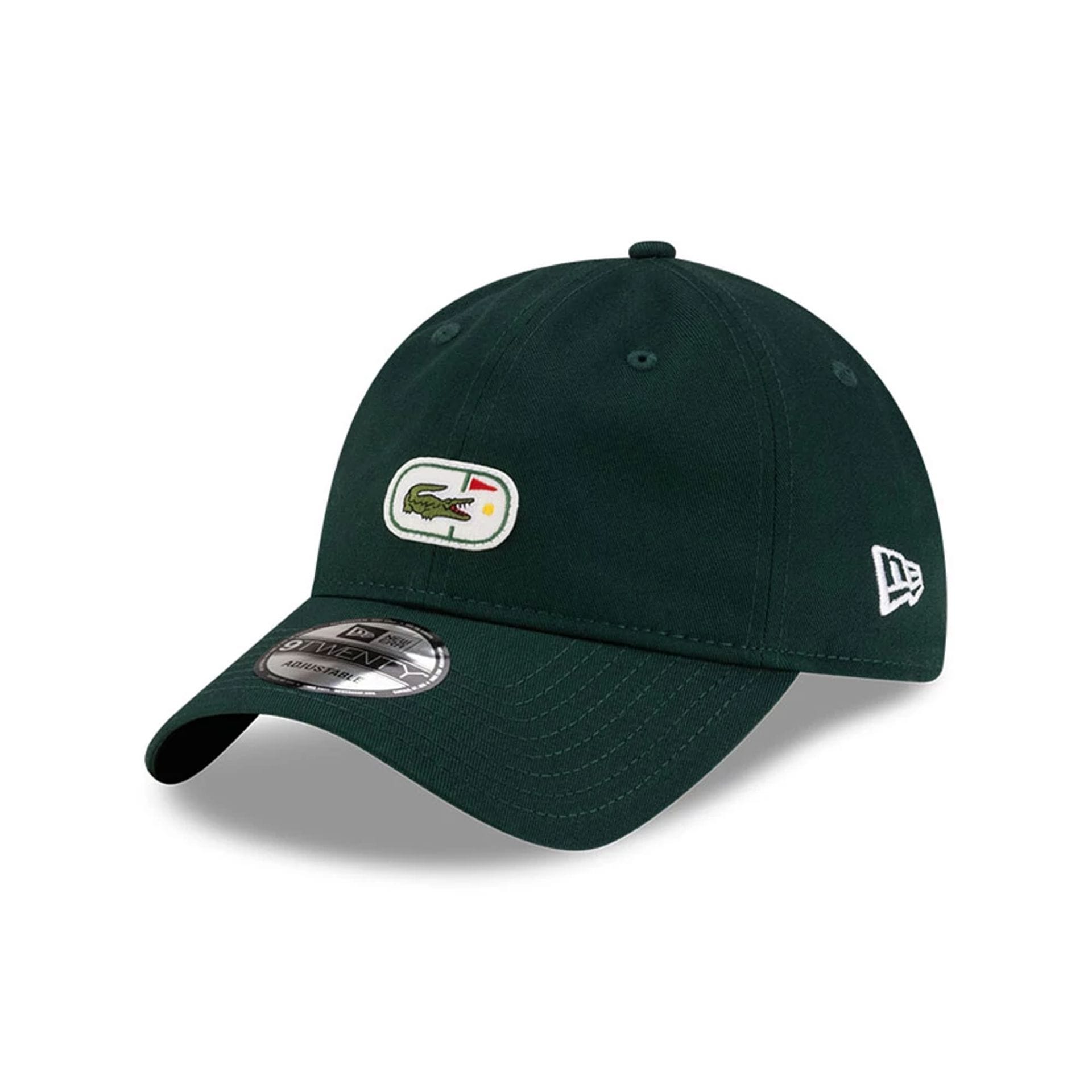 Pictured is this Lacoste X New Era Golf 9TWENTY cap in dark green.  2