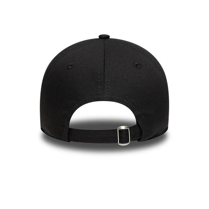 Lacoste X New Era Black 9TWENTY Adjustable Cap, rear view showing the adjustable strap with a buckle, a central embroidered seam running down the black crown, and a top button above the back opening.