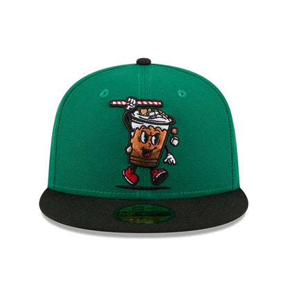 Reading Fightin Phils MiLB Theme Night Green New Era 59FIFTY Fitted Cap, front view showing a colourful embroidered mascot holding a bat on the green front panel, with a contrasting black visor and gold 59FIFTY size sticker.