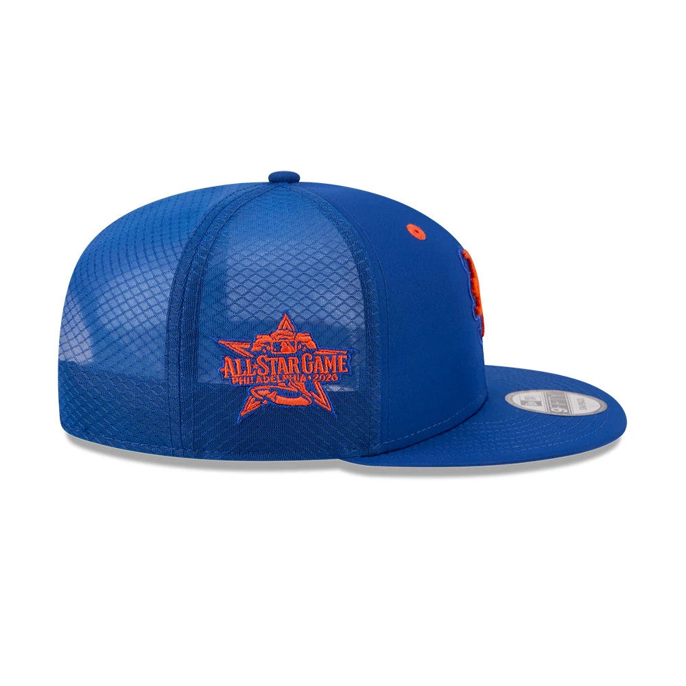 New York Mets MLB All Star Game Blue New Era 9FIFTY Snapback Adjustable Cap, side view showing the orange All Star Game embroidered patch on the blue mesh back panel, with a flat blue visor and a grey 9FIFTY size sticker.