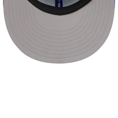 New York Mets MLB All Star Game Blue New Era 9FIFTY Snapback Adjustable Cap, inside view showing a grey undervisor with black edge, dark sweatband, and blue taping with a repeating MLB logo pattern.