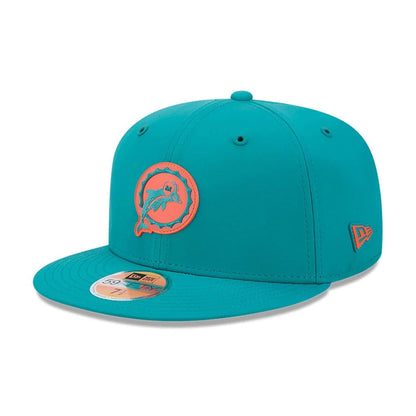 Pictured is this NFL Sideline 2026 Miami Dolphins 59FIFTY Fitted cap in turquoise. 1