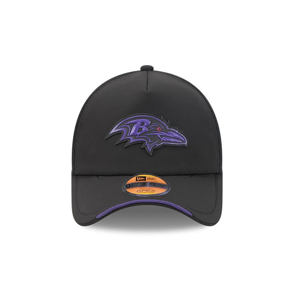 Pictured is this NFL Sideline 2026 Baltimore Ravens 9FORTY Apex cap in black. 2