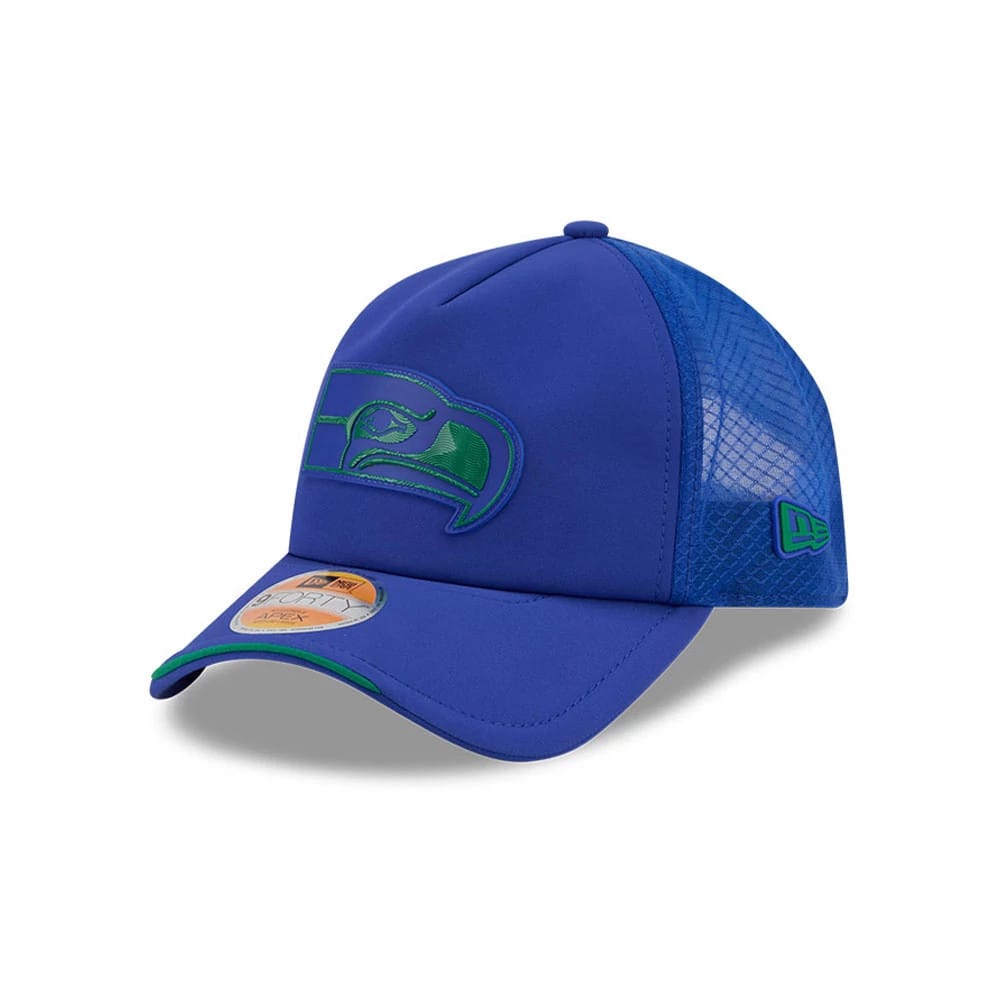 Pictured is this NFL Sideline 2026 Seattle Seahawks 9FORTY Apex cap in blue. 1